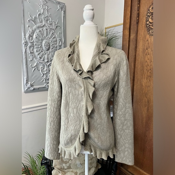 Armani Collezioni Sweaters - Armani Collezioni soft knit Ruffle neck Cardigan Sweater floral Jacquard body